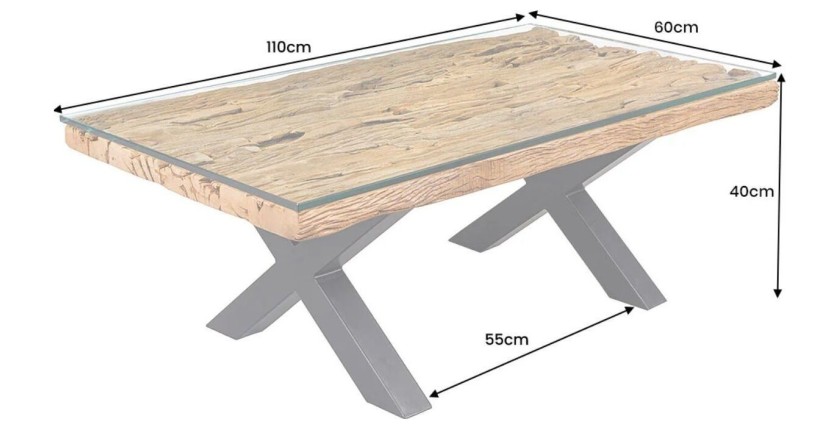 Table basse RAFTA 110cm en bois de Teck avec plateau en verre dimensions