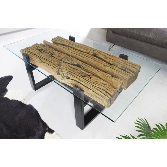 Couchtisch RAFTA 130 cm aus recyceltem Teakholz mit Sicherheitsglas – U-förmige schwarze Metallbeine