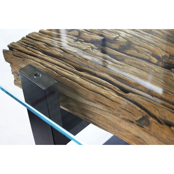 Couchtisch RAFTA 130 cm aus recyceltem Teakholz mit Sicherheitsglas – U-förmige schwarze Metallbeine