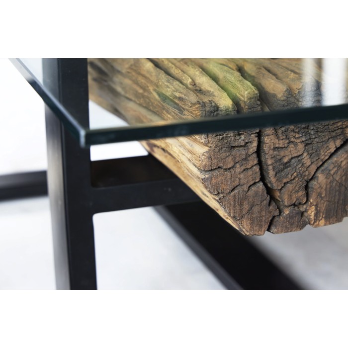 Couchtisch RAFTA 130 cm aus recyceltem Teakholz mit Sicherheitsglas – U-förmige schwarze Metallbeine