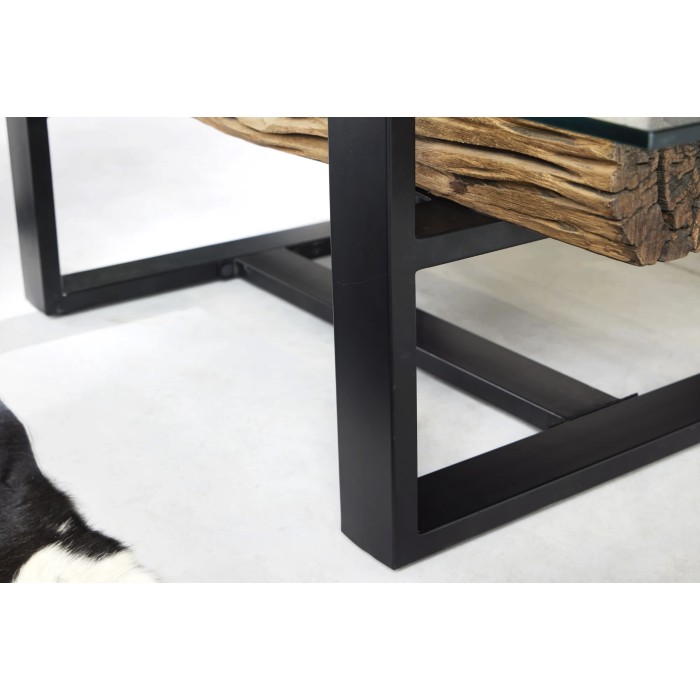 Couchtisch RAFTA 130 cm aus recyceltem Teakholz mit Sicherheitsglas – U-förmige schwarze Metallbeine