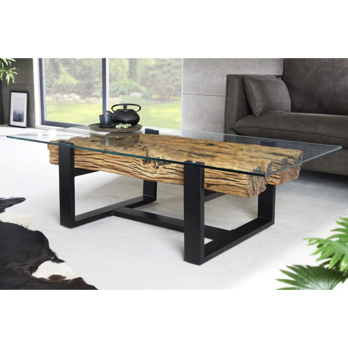 Couchtisch RAFTA 130 cm aus recyceltem Teakholz mit Sicherheitsglas – U-förmige schwarze Metallbeine