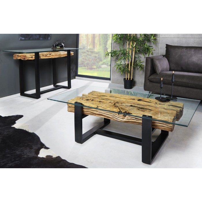 Couchtisch RAFTA 130 cm aus recyceltem Teakholz mit Sicherheitsglas – U-förmige schwarze Metallbeine