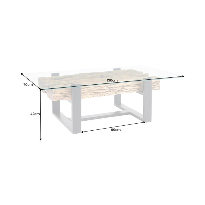Couchtisch RAFTA 130 cm aus recyceltem Teakholz mit Sicherheitsglas – U-förmige schwarze Metallbeine