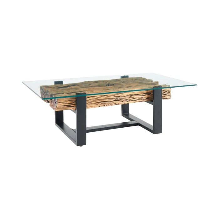 Couchtisch RAFTA 130 cm aus recyceltem Teakholz mit Sicherheitsglas – U-förmige schwarze Metallbeine
