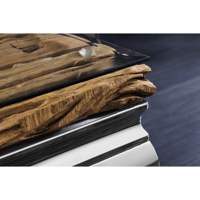 Couchtisch VELENA 100 cm aus Teakholz mit Sicherheitsglas – Barockes Design mit verchromten Beinen