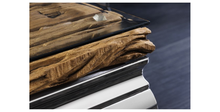 Zoom sur le coin de la table basse VELENA avec sous plateau en bois et plateau en verre 100cm