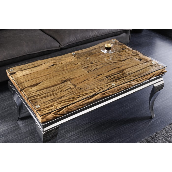 Couchtisch VELENA 100 cm aus Teakholz mit Sicherheitsglas – Barockes Design mit verchromten Beinen