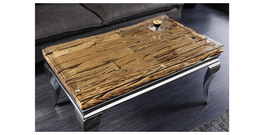 Table basse VELENA avec sous plateau en bois et plateau en verre 100cm vue de haut