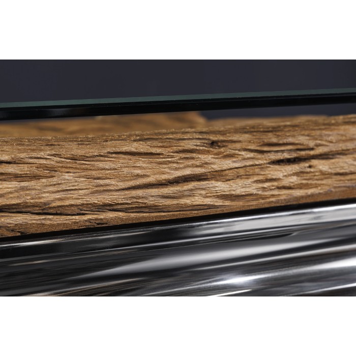 Couchtisch VELENA 100 cm aus Teakholz mit Sicherheitsglas – Barockes Design mit verchromten Beinen