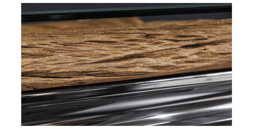 Zoom sur la tranche de la table basse VELENA avec sous plateau en bois et plateau en verre 100cm