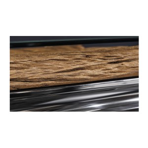 Zoom sur la tranche de la table basse VELENA avec sous plateau en bois et plateau en verre 100cm