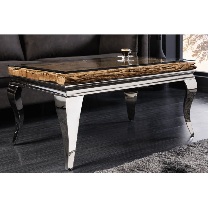 Couchtisch VELENA 100 cm aus Teakholz mit Sicherheitsglas – Barockes Design mit verchromten Beinen