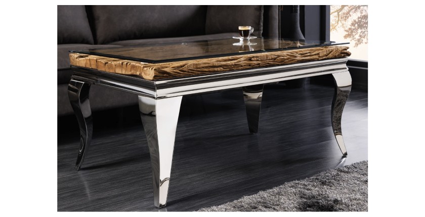 Table basse VELENA avec sous plateau en bois et plateau en verre 100cm vue de face