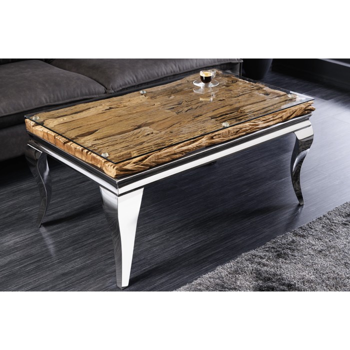 Couchtisch VELENA 100 cm aus Teakholz mit Sicherheitsglas – Barockes Design mit verchromten Beinen