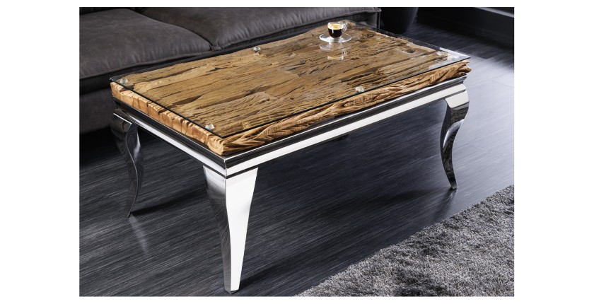 Table basse VELENA avec sous plateau en bois et plateau en verre 100cm mis en situation