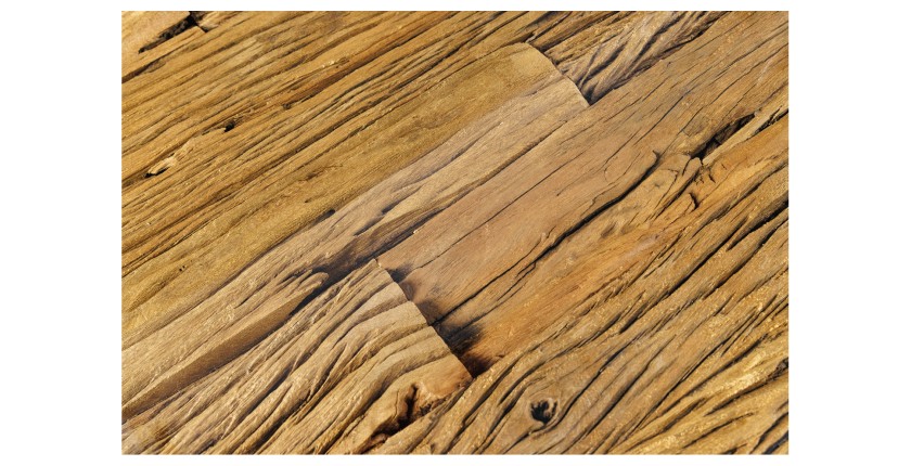Zoom sur la texture du sous-plateau en bois de la table basse VELENA avec sous plateau en bois et plateau en verre 100cm