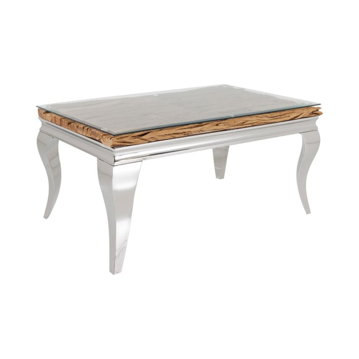Couchtisch VELENA 100 cm aus Teakholz mit Sicherheitsglas – Barockes Design mit verchromten Beinen