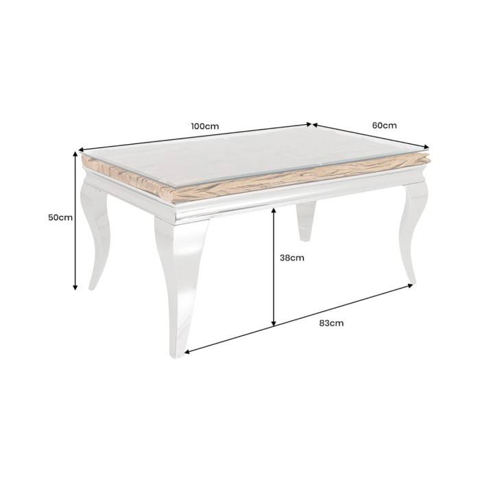 Couchtisch VELENA 100 cm aus Teakholz mit Sicherheitsglas – Barockes Design mit verchromten Beinen