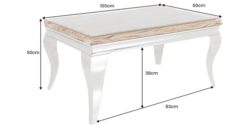 Table basse VELENA avec sous plateau en bois et plateau en verre 100cm dimensions