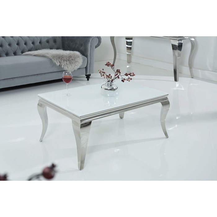 Couchtisch VELENA 100 cm silberfarben mit undurchsichtigem gehärtetem Glas – Geschwungene Beine im Barockstil