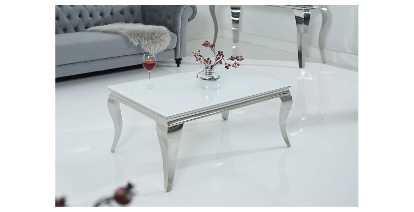 Table basse VELENA avec plateau en verre opaque blanc vue de côté rapprochée
