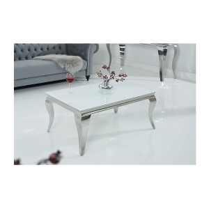 Table basse VELENA avec plateau en verre opaque blanc vue de côté rapprochée