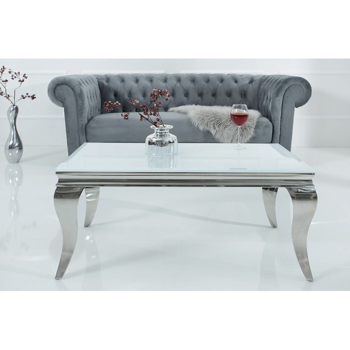 Couchtisch VELENA 100 cm silberfarben mit undurchsichtigem gehärtetem Glas – Geschwungene Beine im Barockstil