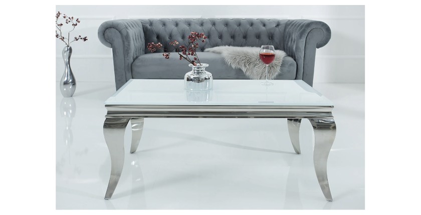 Table basse VELENA avec plateau en verre opaque blanc vue de face