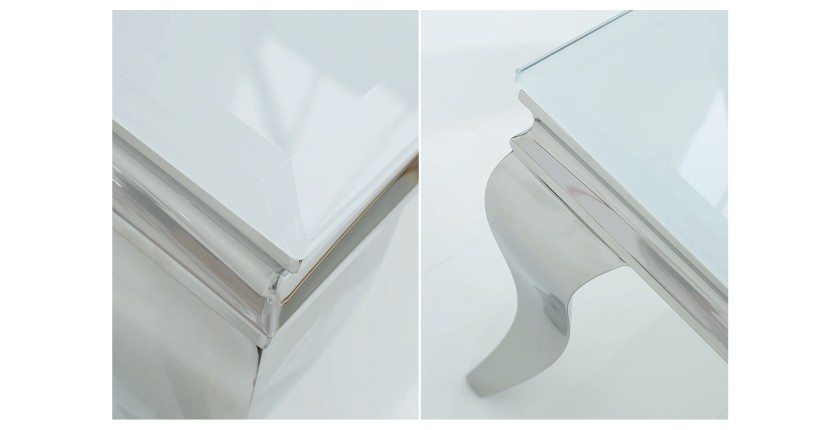 Zoom sur les détails de la table basse VELENA avec plateau en verre opaque blanc