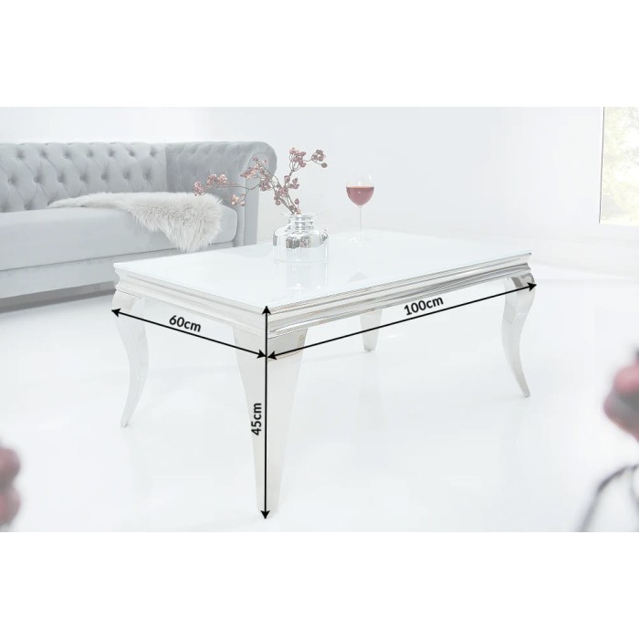 Couchtisch VELENA 100 cm silberfarben mit undurchsichtigem gehärtetem Glas – Geschwungene Beine im Barockstil