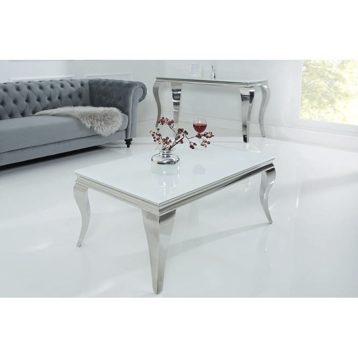 Couchtisch VELENA 100 cm silberfarben mit undurchsichtigem gehärtetem Glas – Geschwungene Beine im Barockstil