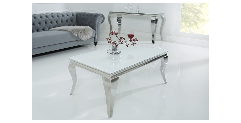 Table basse VELENA avec plateau en verre opaque blanc vue de côté