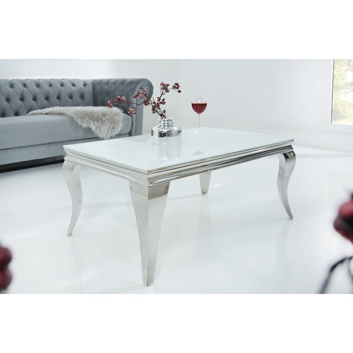 Couchtisch VELENA 100 cm silberfarben mit undurchsichtigem gehärtetem Glas – Geschwungene Beine im Barockstil