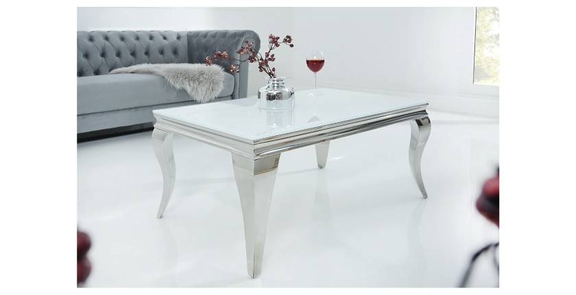Table basse VELENA avec plateau en verre opaque blanc mise en situation
