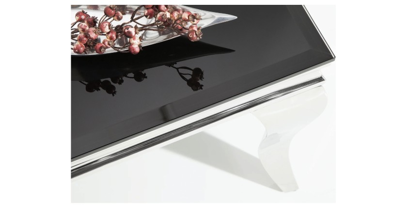 Zoom sur le plateau de la table basse VELENA avec plateau en verre opaque noir