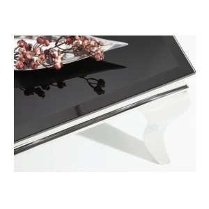 Zoom sur le plateau de la table basse VELENA avec plateau en verre opaque noir