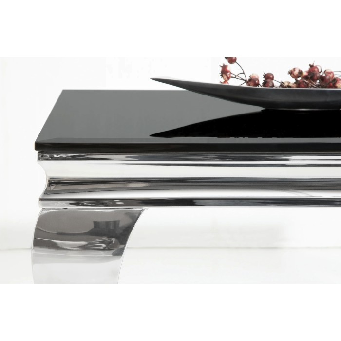 Couchtisch VELENA 100 cm in Silber mit schwarzem Sicherheitsglas – Geschwungene Beine im Barockstil