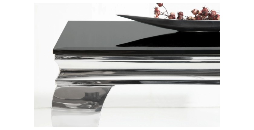Zoom sur la tranche de la table basse VELENA avec plateau en verre opaque noir