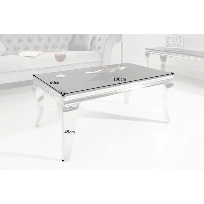 Couchtisch VELENA 100 cm in Silber mit schwarzem Sicherheitsglas – Geschwungene Beine im Barockstil