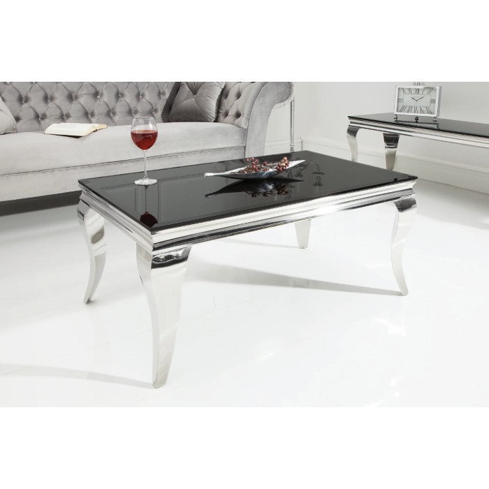 Couchtisch VELENA 100 cm in Silber mit schwarzem Sicherheitsglas – Geschwungene Beine im Barockstil