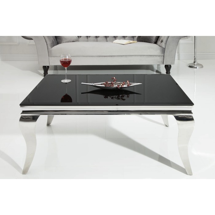 Couchtisch VELENA 100 cm in Silber mit schwarzem Sicherheitsglas – Geschwungene Beine im Barockstil