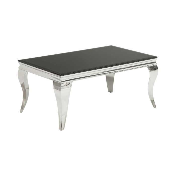 Couchtisch VELENA 100 cm in Silber mit schwarzem Sicherheitsglas – Geschwungene Beine im Barockstil