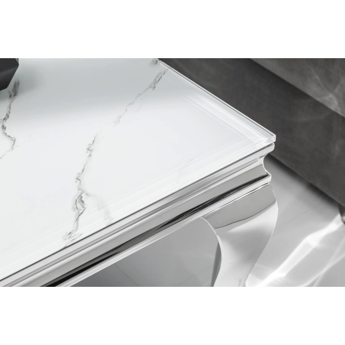 Zoom sur le plateau de la table basse VELENA avec plateau effet marbre blanc