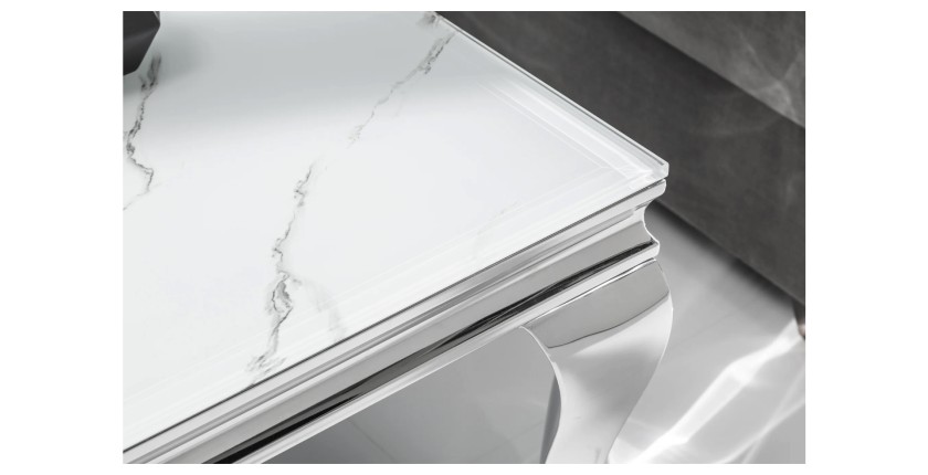 Zoom sur le plateau de la table basse VELENA avec plateau effet marbre blanc