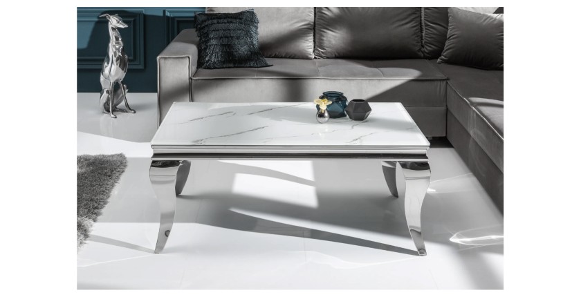 Table basse VELENA avec plateau effet marbre blanc vue de face