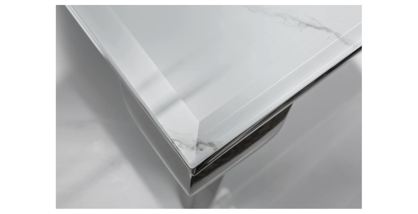 Zoom sur le coin de la table basse VELENA avec plateau effet marbre blanc