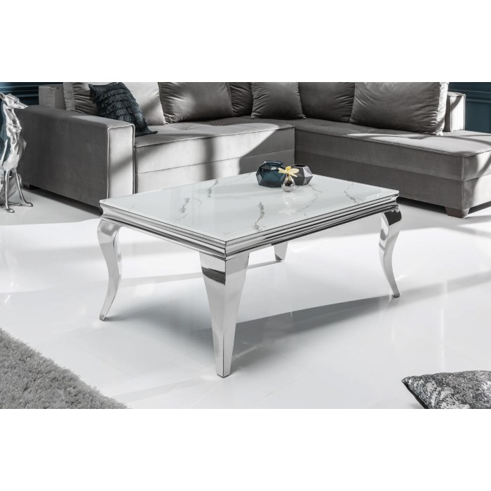Table basse VELENA avec plateau effet marbre blanc vue de côté