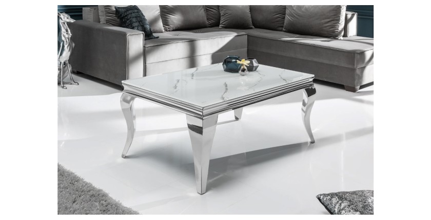 Table basse VELENA avec plateau effet marbre blanc vue de côté