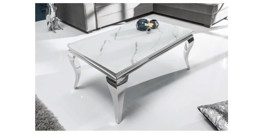 Table basse VELENA avec plateau effet marbre blanc mise en situation